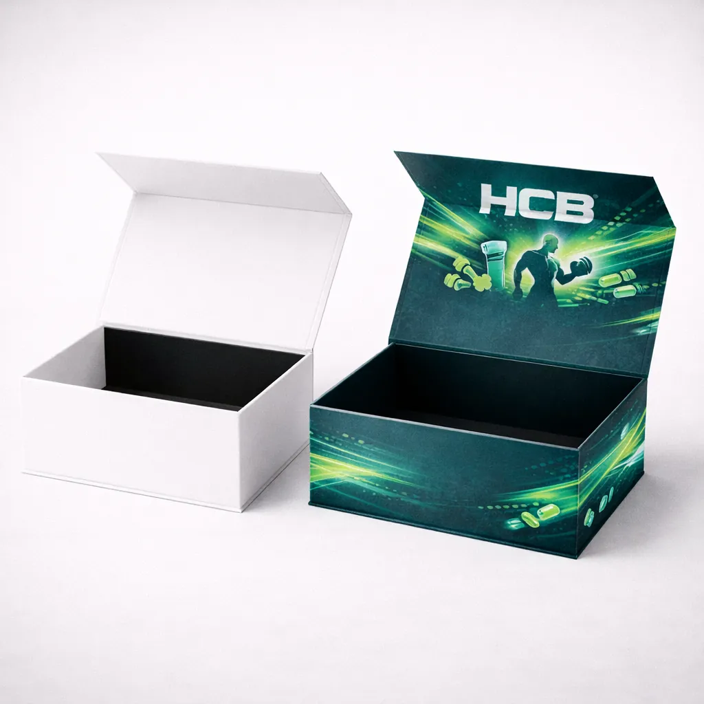 Two sliding drawer-style sleeve boxes, one plain white and one printed with teal wave patterns and branding. class=